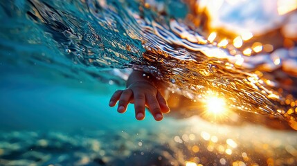 A child's hand reaching up through the water towards sunlight, creating a sense of hope and reaching for something.