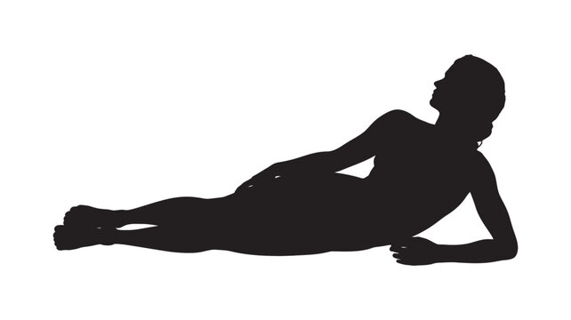 Silhouette of a young woman lying down on her side, posing elegantly with a relaxed posture and looking upwards, isolated on white.