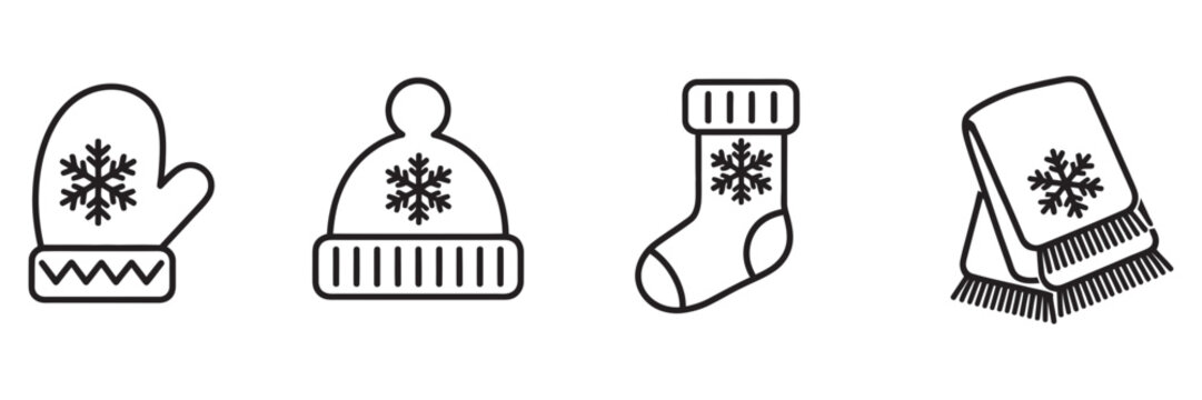 Winter accessories icon set: mitten, hat, stocking, and scarf, all adorned with snowflake motifs for cold weather.