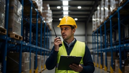 Warehouse Worker Communicating with WalkieTalkie in Industrial Storage Facility.