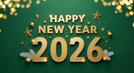 Festive banner with Merry Christmas and Happy New Year 2026 on a bright green background with glowing bokeh lights. Holiday greeting design with cheerful and sparkling seasonal mood