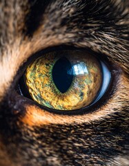 Macro shot of a feline's captivating eye, displaying intricate details