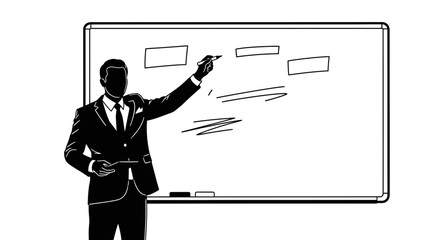 Confident businessman confidently presenting ideas and strategies on a whiteboard in a modern professional setting for business presentations and education