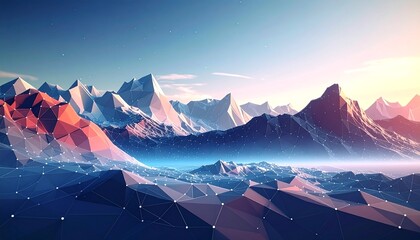 Low poly mountains with geometric sunset sky.