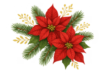 Poinsettia christmas holiday bouquet with subtle golden leaves
