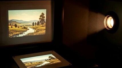 Vintage slide projector shining classic landscape, evoking nostalgia and timeless memories of