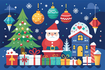 Cheerful Christmas scene with Santa, decorated tree, gifts, and cozy house creates a festive holiday mood, perfect for seasonal designs and promotions
