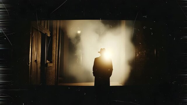 Silhouette of a man in a fedora hat in a smoky corridor