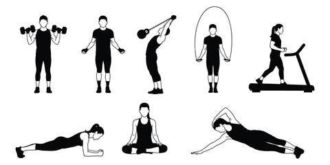 Fitness Exercises Dumbbells, Stretching, Yoga, Cardio Training Icons Set