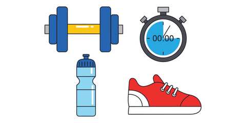 A collection of flat line art icons representing fitness essentials like a dumbbell, stopwatch, water bottle, and running shoe for a healthy lifestyle concept