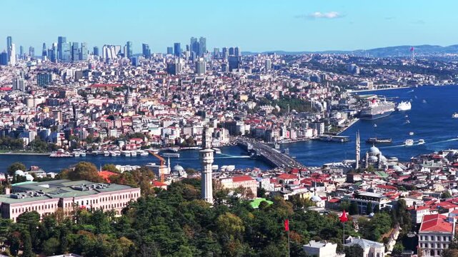 Morning Istanbul Turkey T&uuml;rkiye aerial drone the Golden Horn Blue Mosque temple Hagia Sophia Grand Mosque cityscape Bosphorus Strait river ferries boats harbor view blue sky parallax circle right