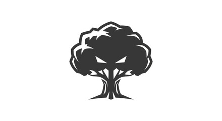 Stylized tree logo with ominous eyes against a white background
