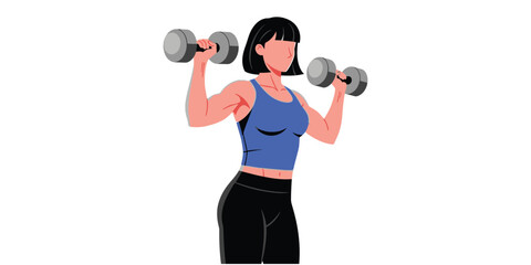 Dynamic vector illustration of a fit woman performing a vigorous dumbbell workout, showcasing strength, healthy living, and dedicated fitness training