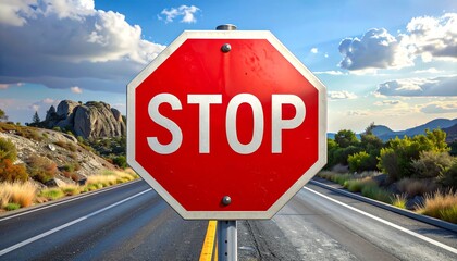 Stop sign on road with scenic backdrop.