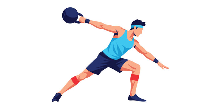 Man performing a dynamic kettlebell swing exercise in a fitness studio with a white background