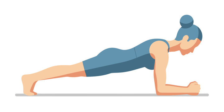 Side view of an athletic woman performing a forearm plank exercise. A vector illustration concept for fitness, core strength, and bodyweight training