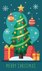 Celebrate the holidays with this adorable Christmas tree, gifts, snowflakes, and ornaments design perfect for holiday cards and festive social media posts