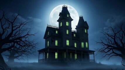 Spooky haunted mansion under a full moon with glowing windows - Powered by Adobe