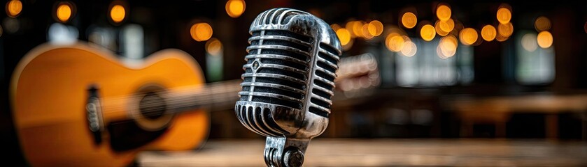 Vintage microphone and acoustic guitar setting concept. Vintage microphone on stage with acoustic guitar and soft lighting.