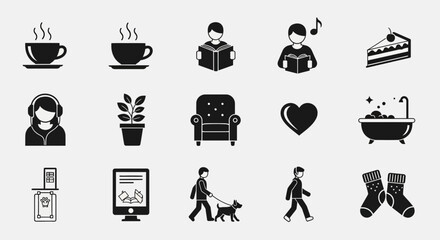 Cozy lifestyle icons depicting relaxation reading coffee warmth and self care moments for modern living