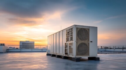 Large Industrial Air Conditioning Unit on Rooftop Against Sunset Sky.