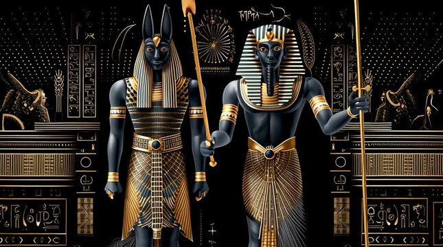 Create an image of King Ramses III and the Egyptian god Duamutef standing side by side, with the style and grandeur of an ancient Egyptian theme. King Ramses III should be depicted with traditional ro