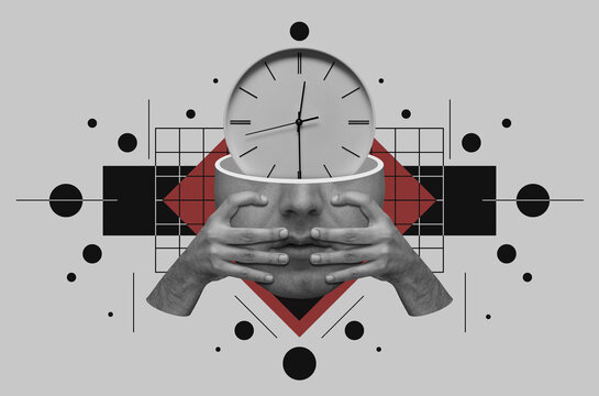 Collage art with clock inside head