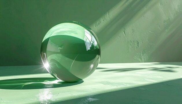 Green glass sphere with shadows, and abstract background.
