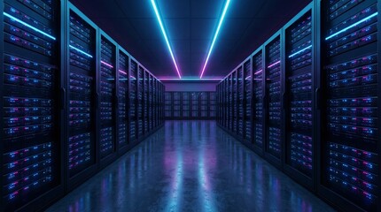 Futuristic data center server room aisle with neon blue and magenta lighting