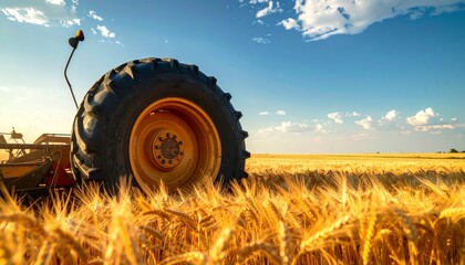 Tractor in wheat field at harvest time.