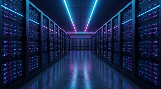 Futuristic data center server room aisle with neon blue and magenta lighting