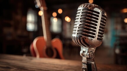 Vintage microphone and acoustic guitar setting concept. Vintage microphone and guitar set the mood for live music.