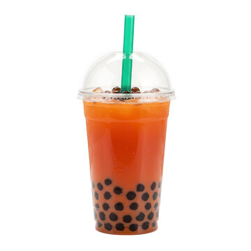 Peach boba tea in plastic cup isolated on transparent background