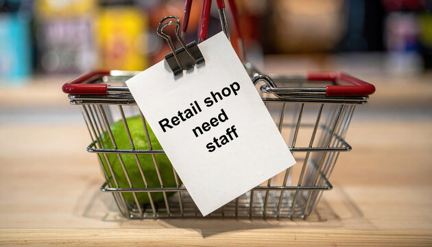 Empty retail shop shopping basket with note highlighting urgent need for staff due to labor market shortages. sign signifies recruitment challenges and issues