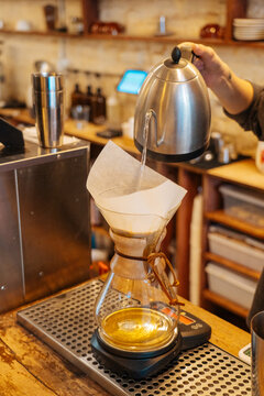 Pour-over coffee being brewed in Chemex