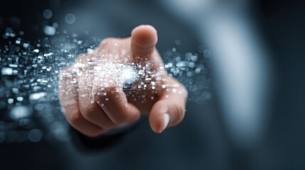 Digital Touch Concept: Futuristic hand interacting with digital data visualization
