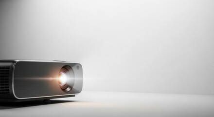 Digital image projector casts a bright beam of light onto a blank white wall