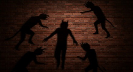 Crawling Shadows on Brick Realistic time-lapse effect on red brick wall, showing shadows of demonic figures crawling upwards