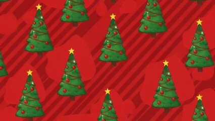 赤い背景にクリスマスツリーとストライプのシームレスなパターン