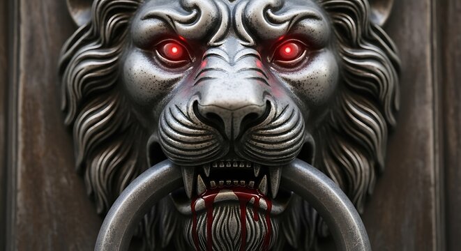 Cryptic Door Knocker Extreme close-up on a lion's head door knocker, its face now morphed into a demonic visage with glowing eyes