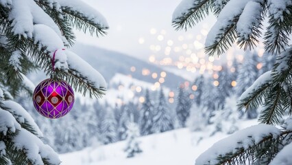 Ornate purple bauble hanging from a snow covered pine tree in a winter wonderland scene outdoors christams photos 