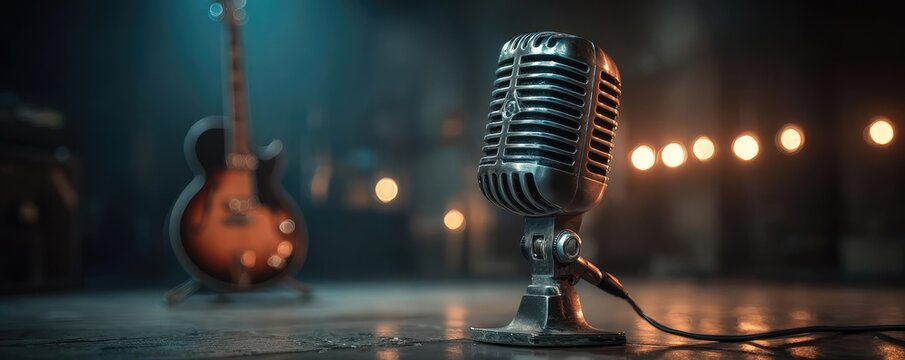 Vintage microphone and acoustic guitar setting concept. A vintage microphone stands ready on stage with a guitar in view.