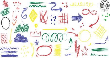 crayon pencil color collection of hand-drawn doodle elements created with  pastel texture. 