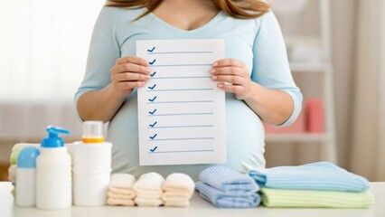 Expectant mother holding a checklist surrounded by baby supplies, symbolizing preparation for childbirth.