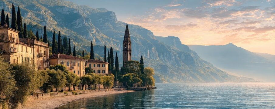 Vintage Italian postcard with 1970s nostalgic essence concept. Serene lakeside view with mountains and charming architecture.