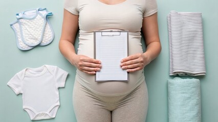 Expectant mother holds a clipboard surrounded by baby clothes and accessories, symbolizing preparation for a new arrival.