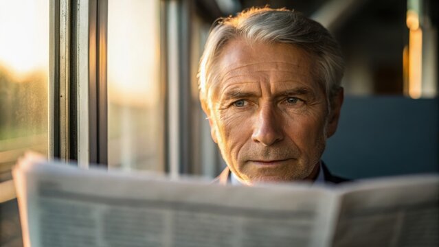 A mature man reads a newspaper while seated by a window, with sunlight casting a warm glow on his thoughtful expression.
