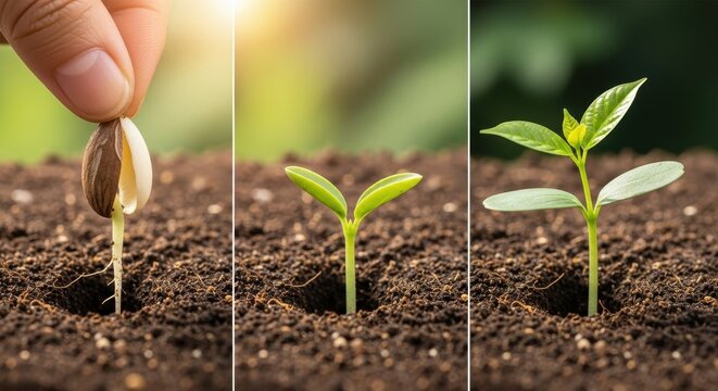 A sequential view of seedling growth from seed to sprout, highlighting the delicate cycle of life and renewal with a touch of environmentalism.