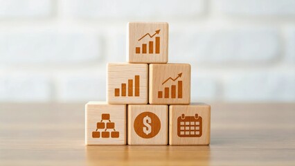 Stacked wooden blocks featuring financial icons symbolize growth and business success.