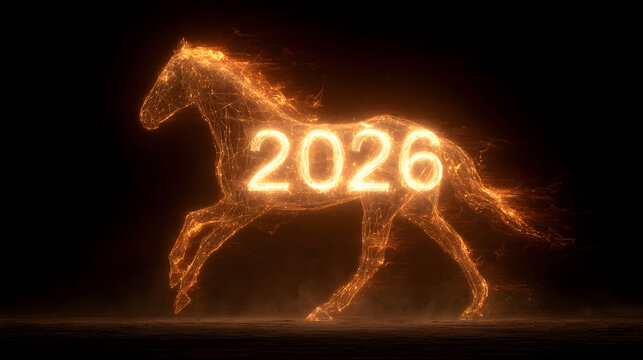 Futuristic digital art of running fiery horse with 2026 numbers, neon glitch effect symbol of the Year of the Horse